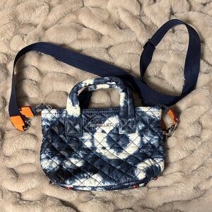 MZ Wallace Navy and White Tie-Dye Quilted Mini Crossbody Tote
